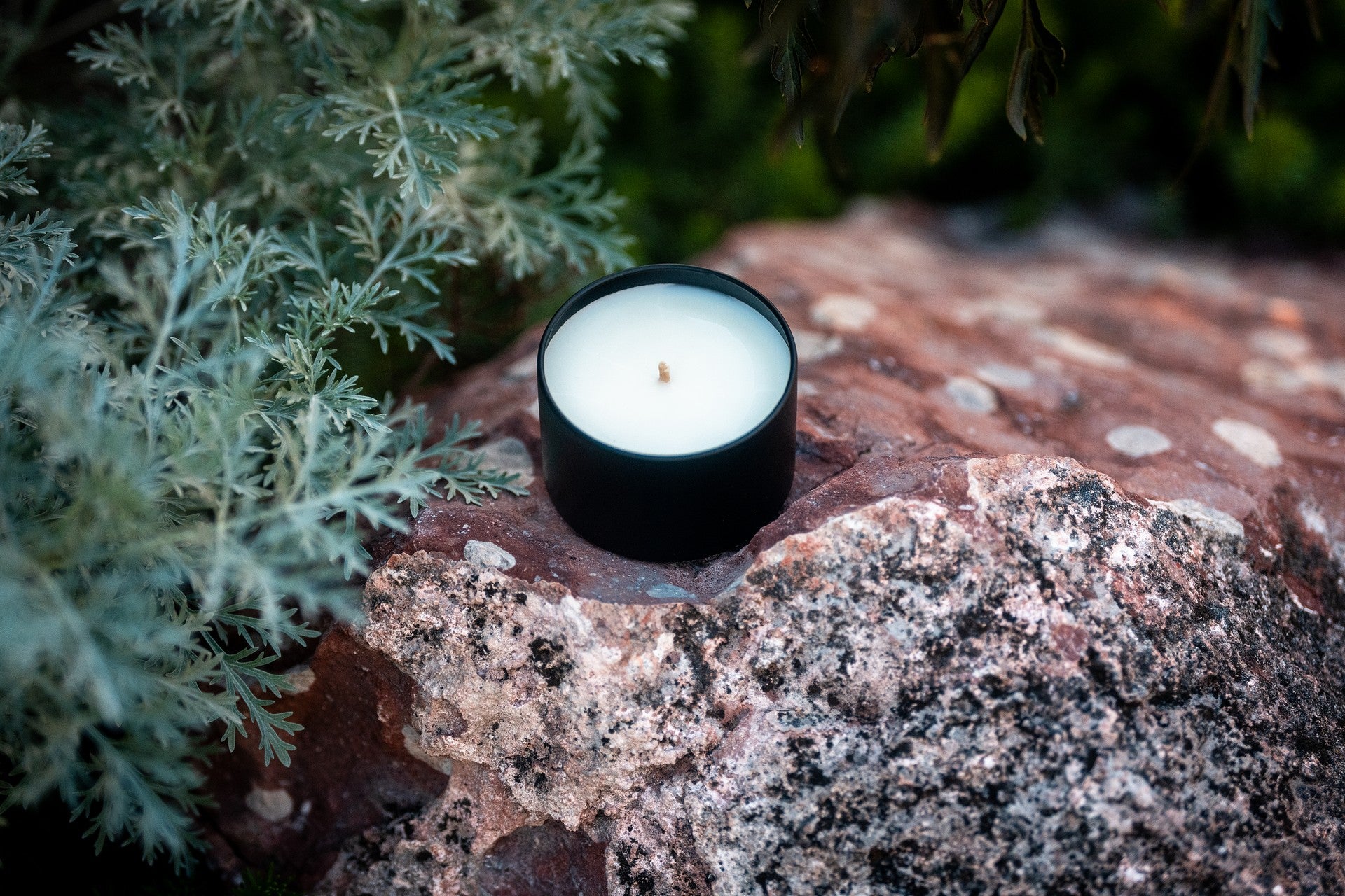 Organic candle in a black container on a rock with greenery in the background