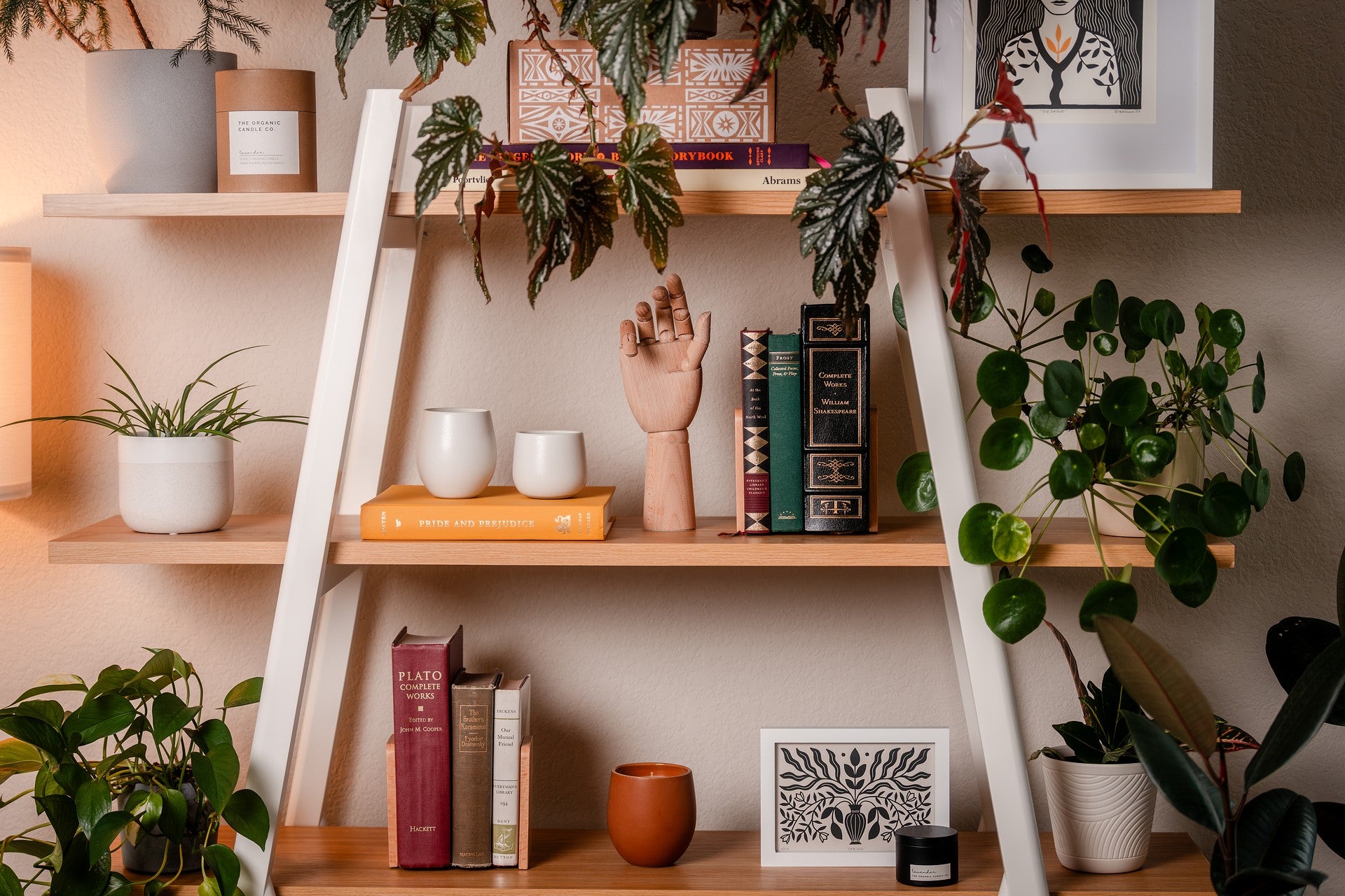 Bookshelf with books, plants, an assortment of organic candles and decorative items in a cozy room setting.